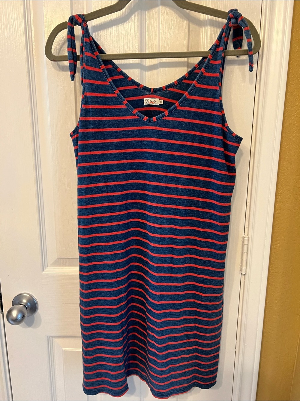 Faherty Striped Tie-Shoulder Tank Dress | Navy & Red | Size Small